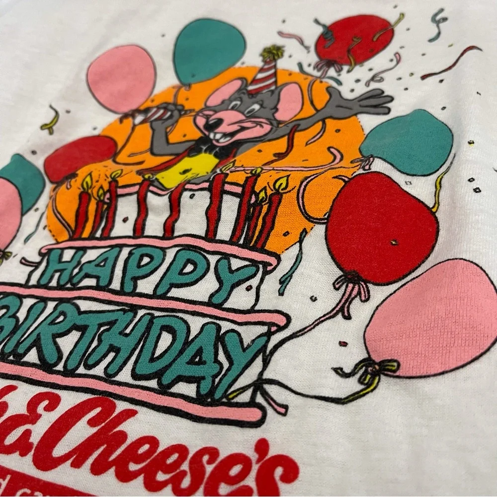 Chuck Cheese’s Happy Birthday White Single Stitch T Shirt 6-8 Youth Kids USA 80s - Picture 11 of 15